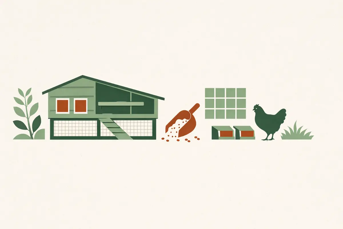 Flat illustration of a chicken coop, feed scoop, grid, nest boxes, and chicken silhouette.