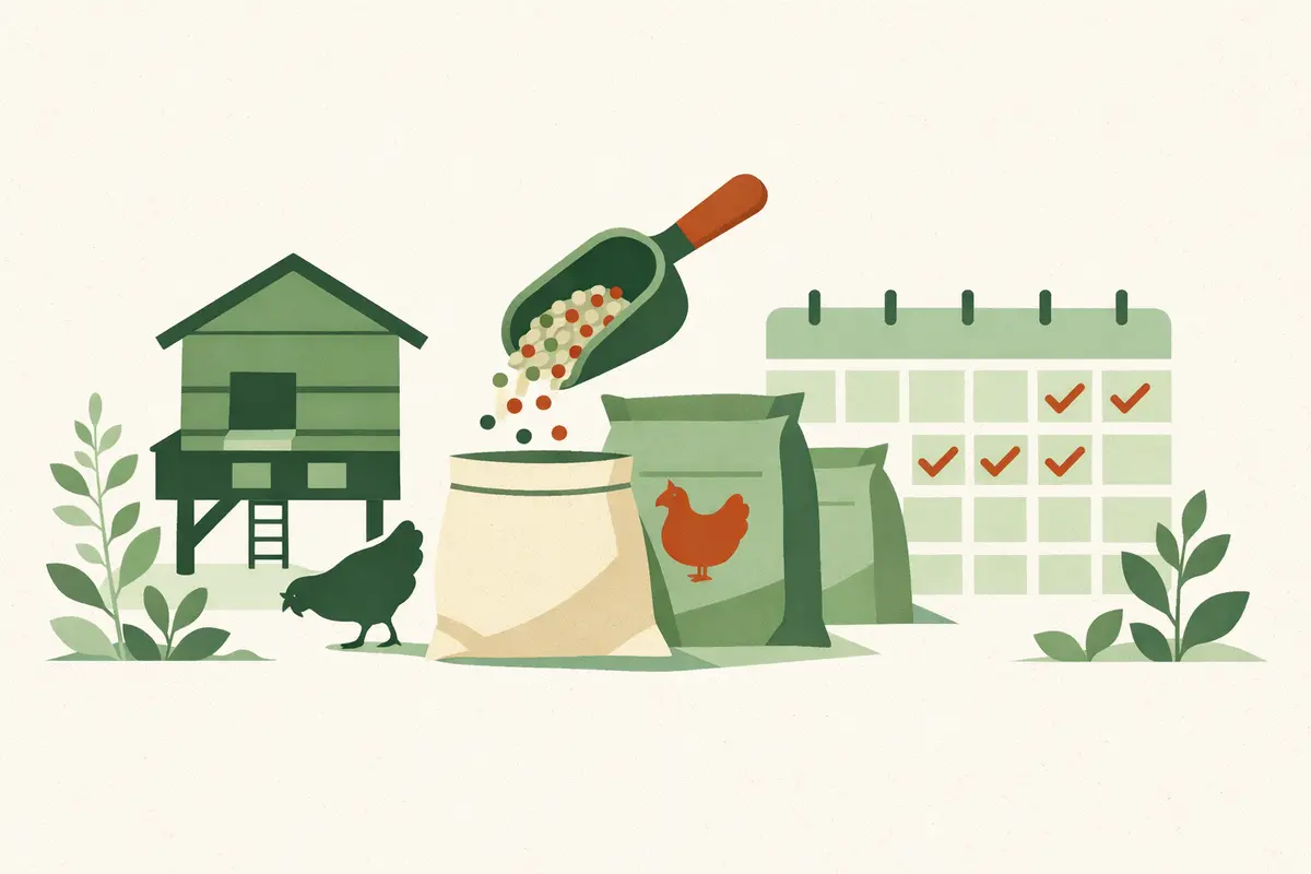 Flat illustration of a coop, feed bags, scoop, chicken silhouette, and calendar-style grid.