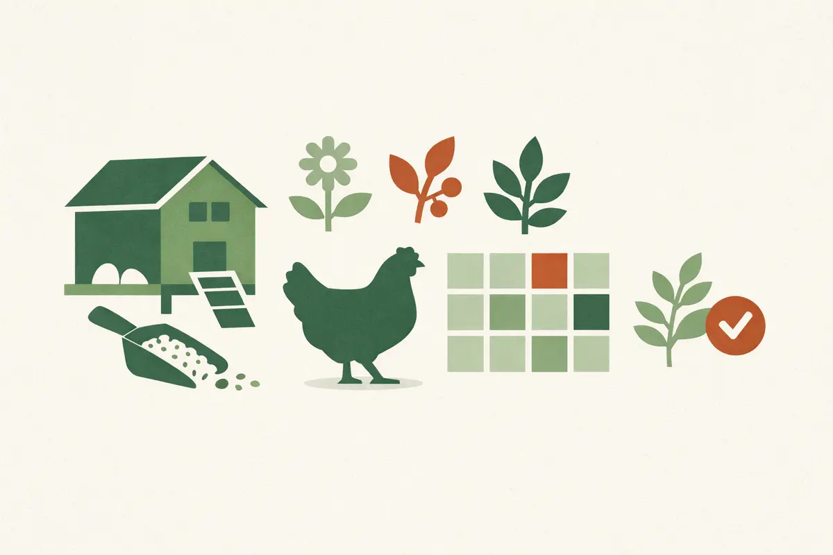 Flat illustration of a coop, chicken silhouette, plant icons, grid, and check mark.