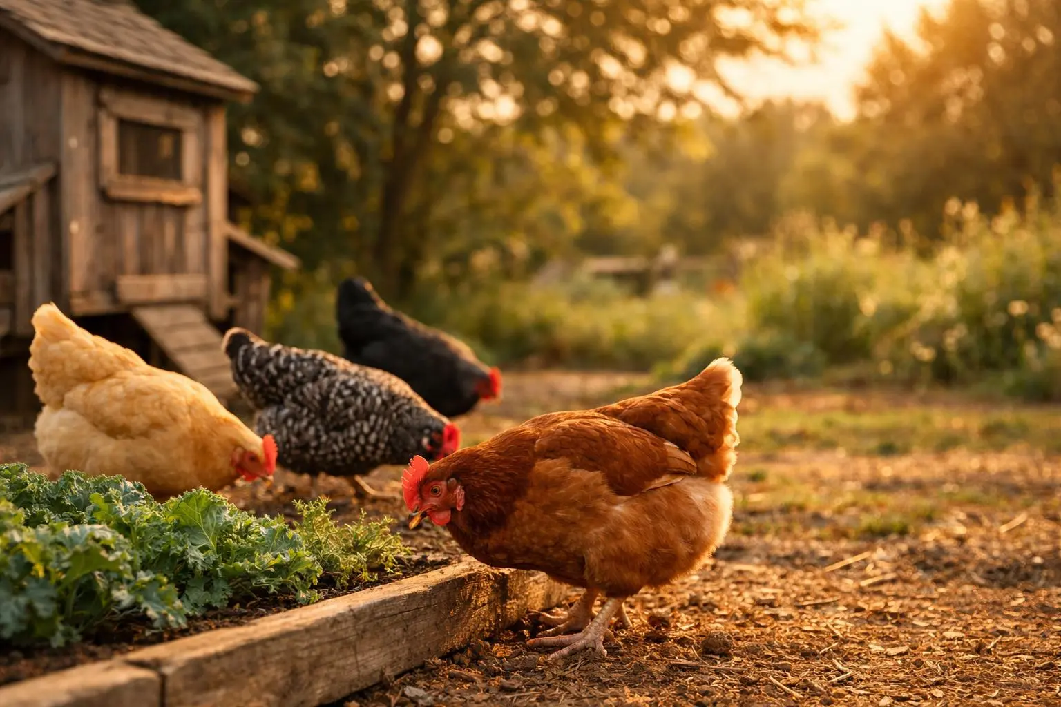 Backyard flock of hens foraging at the edge of a raised garden bed at golden hour, weathered wooden coop visible at left.