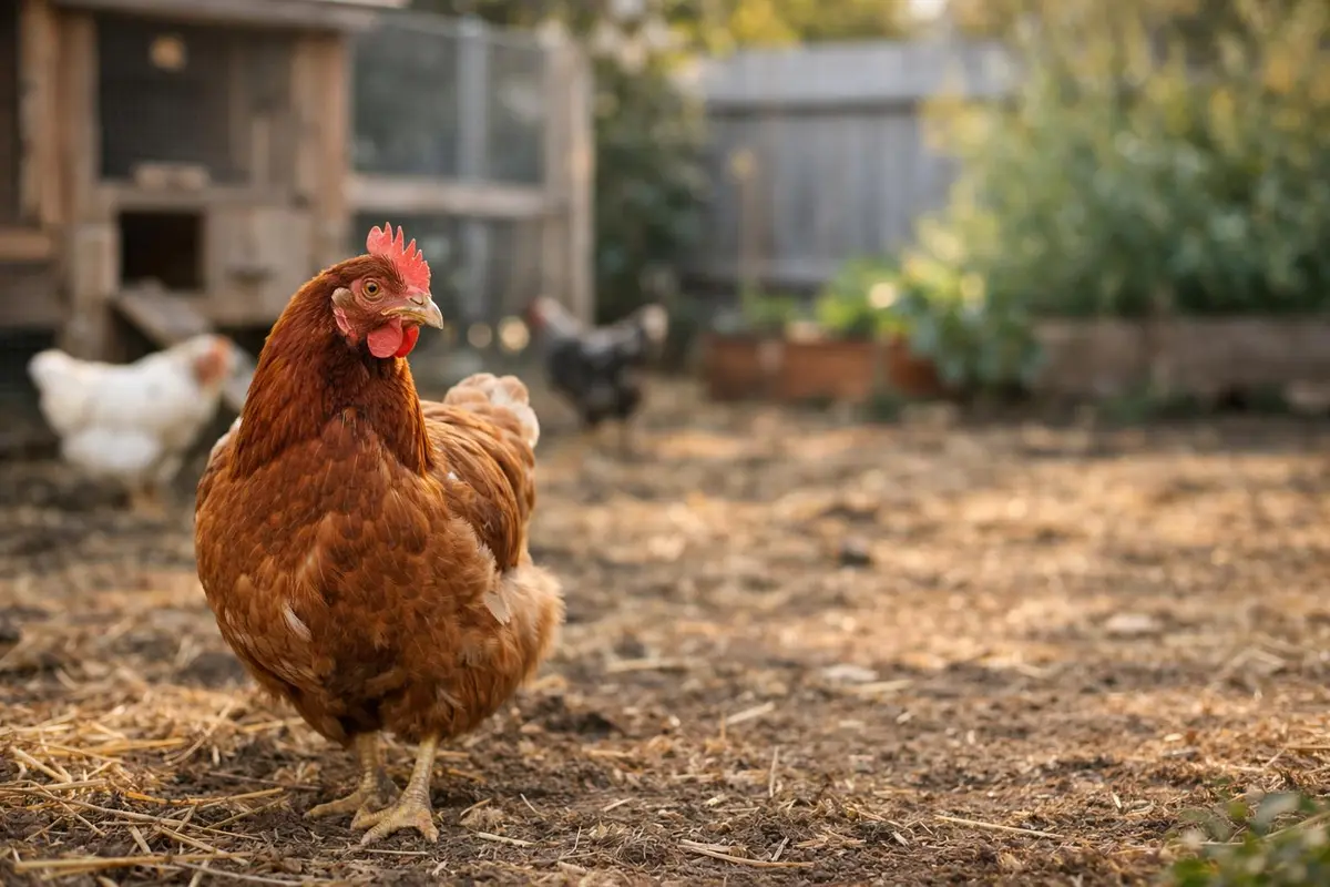 A brown hen standing in a roomy backyard run with two other hens and a wooden coop blurred behind her.