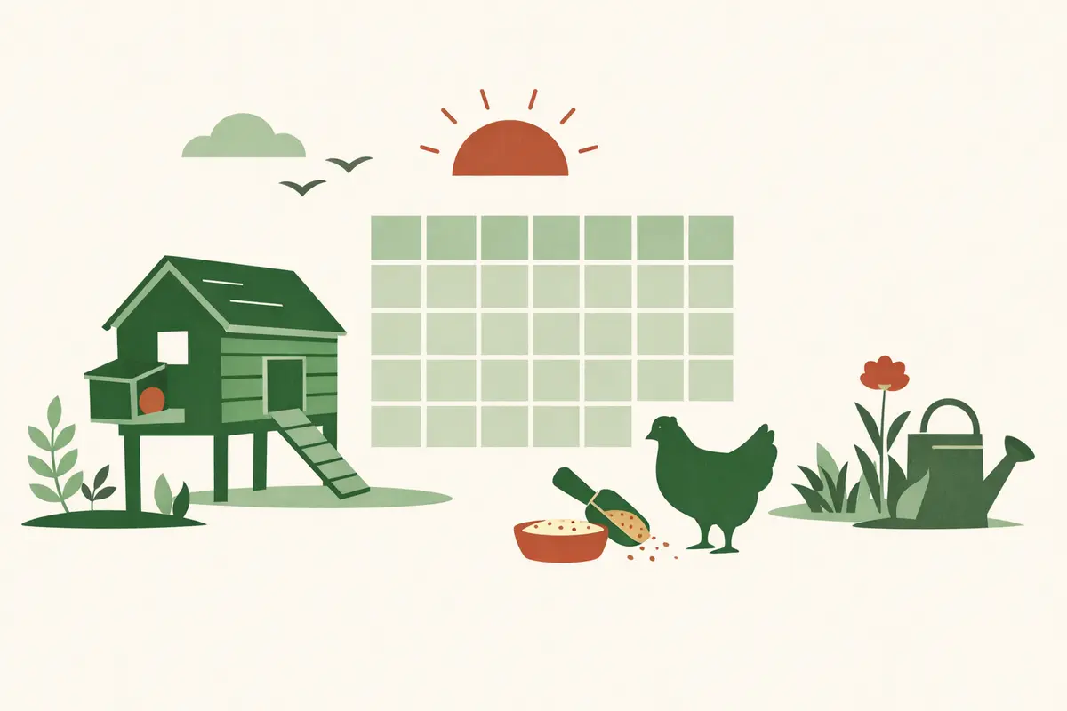 Flat illustration of a chicken coop, calendar grid, chicken silhouette, feed bowl, and watering can.