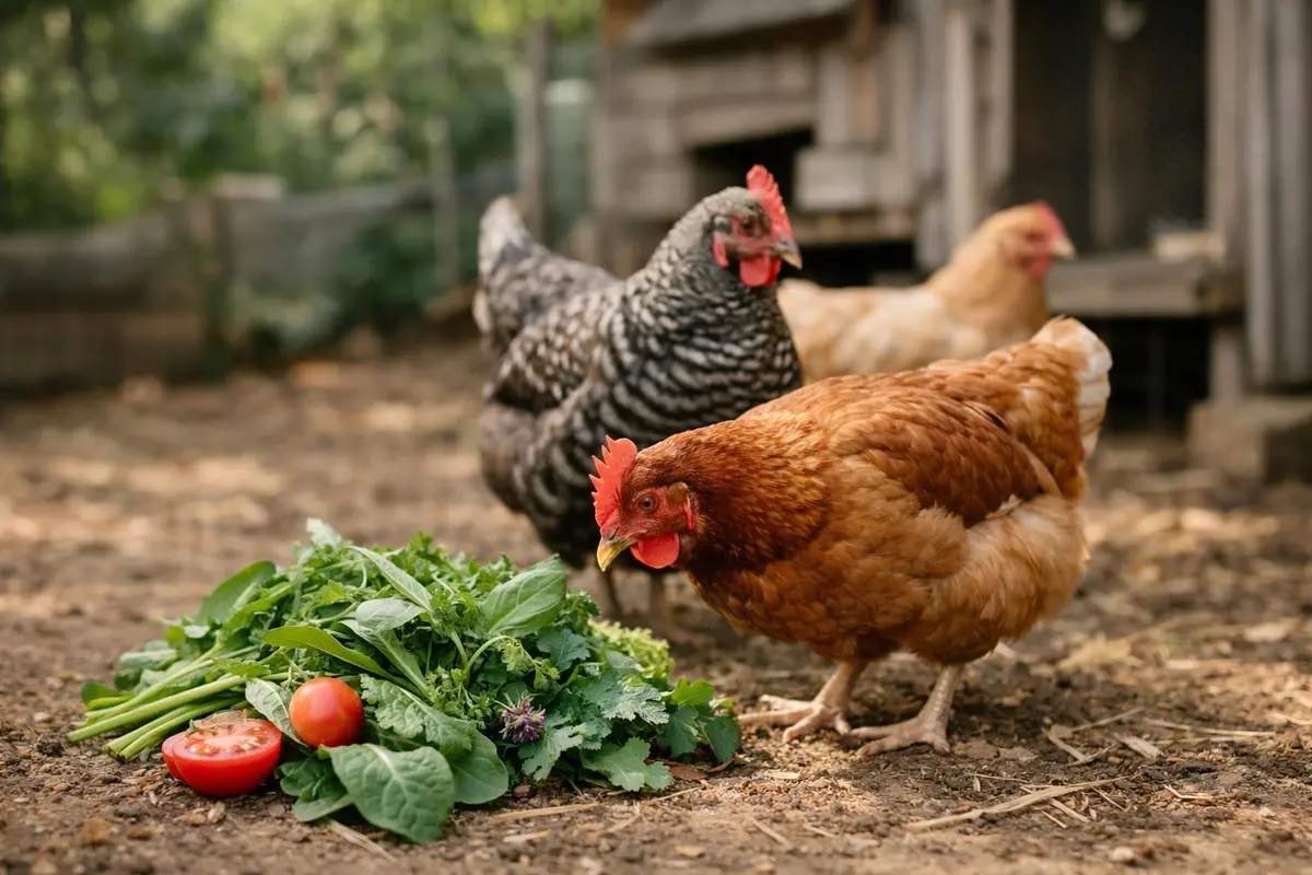 Hens foraging at the edge of a raised garden bed with kale, herbs, and protective fencing visible.