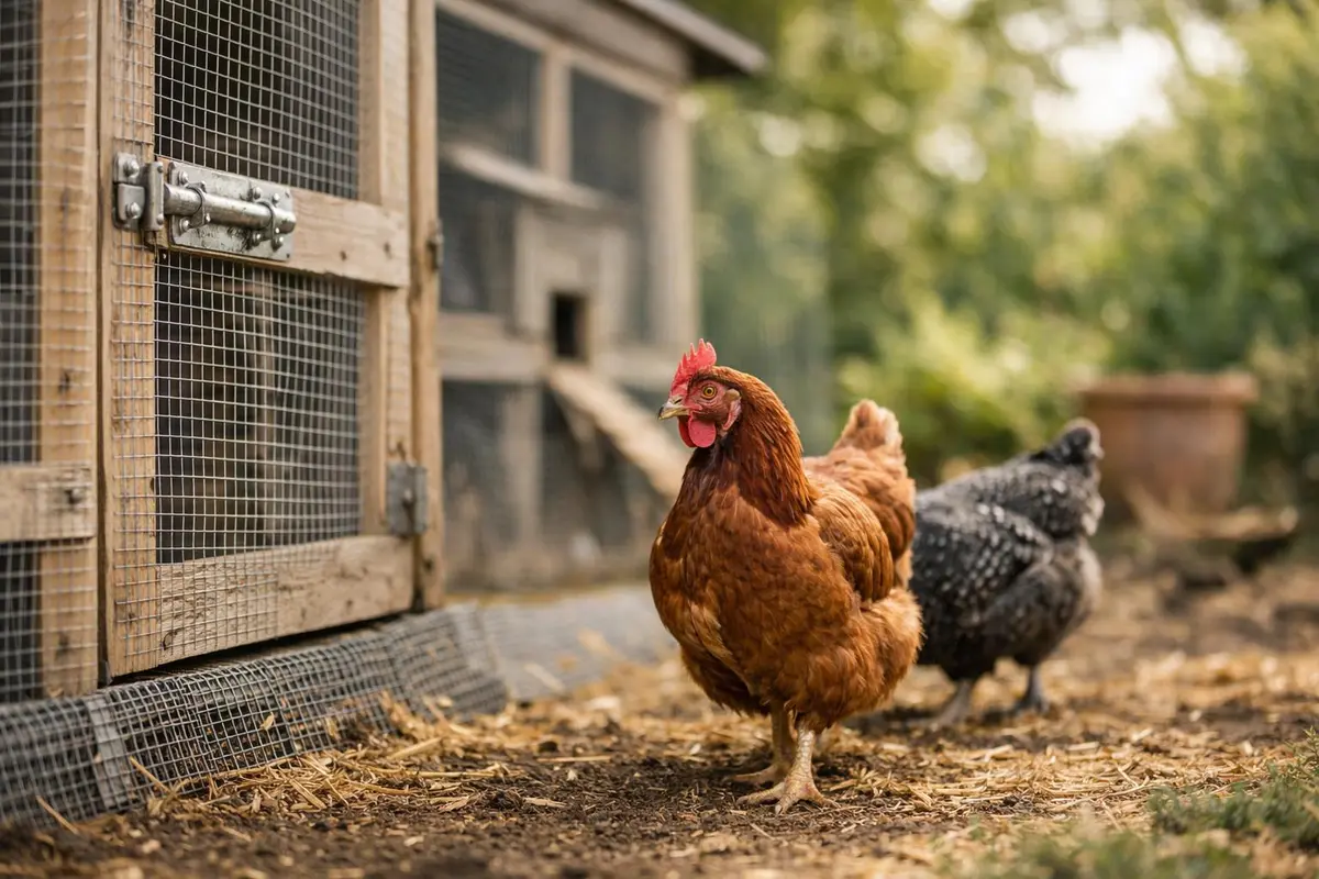 Two hens beside a wooden coop door reinforced with hardware cloth and a metal latch.