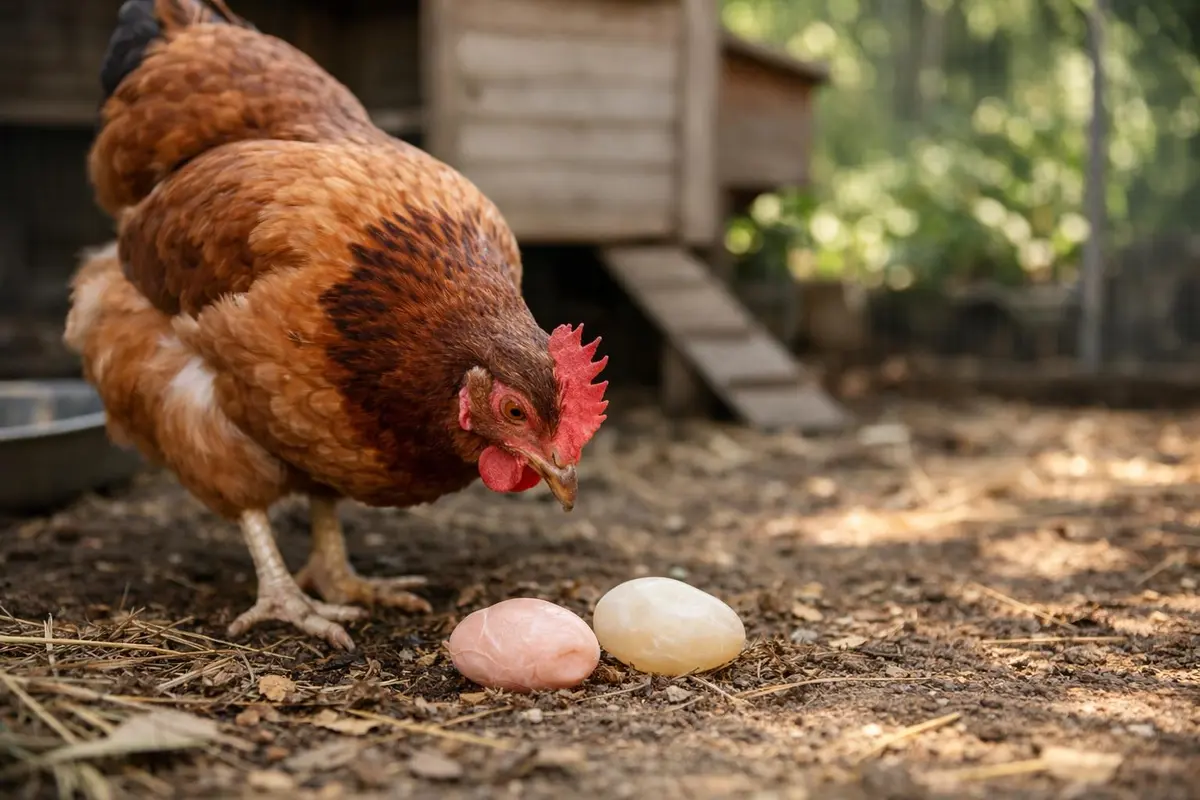 A brown hen looking down at two soft-shell eggs on the ground beside a backyard coop.