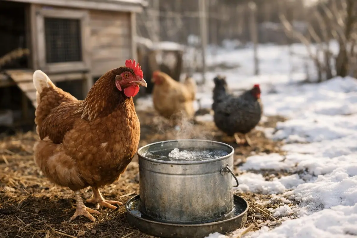 Hens in a snowy backyard run near a wooden coop and a metal waterer in winter.